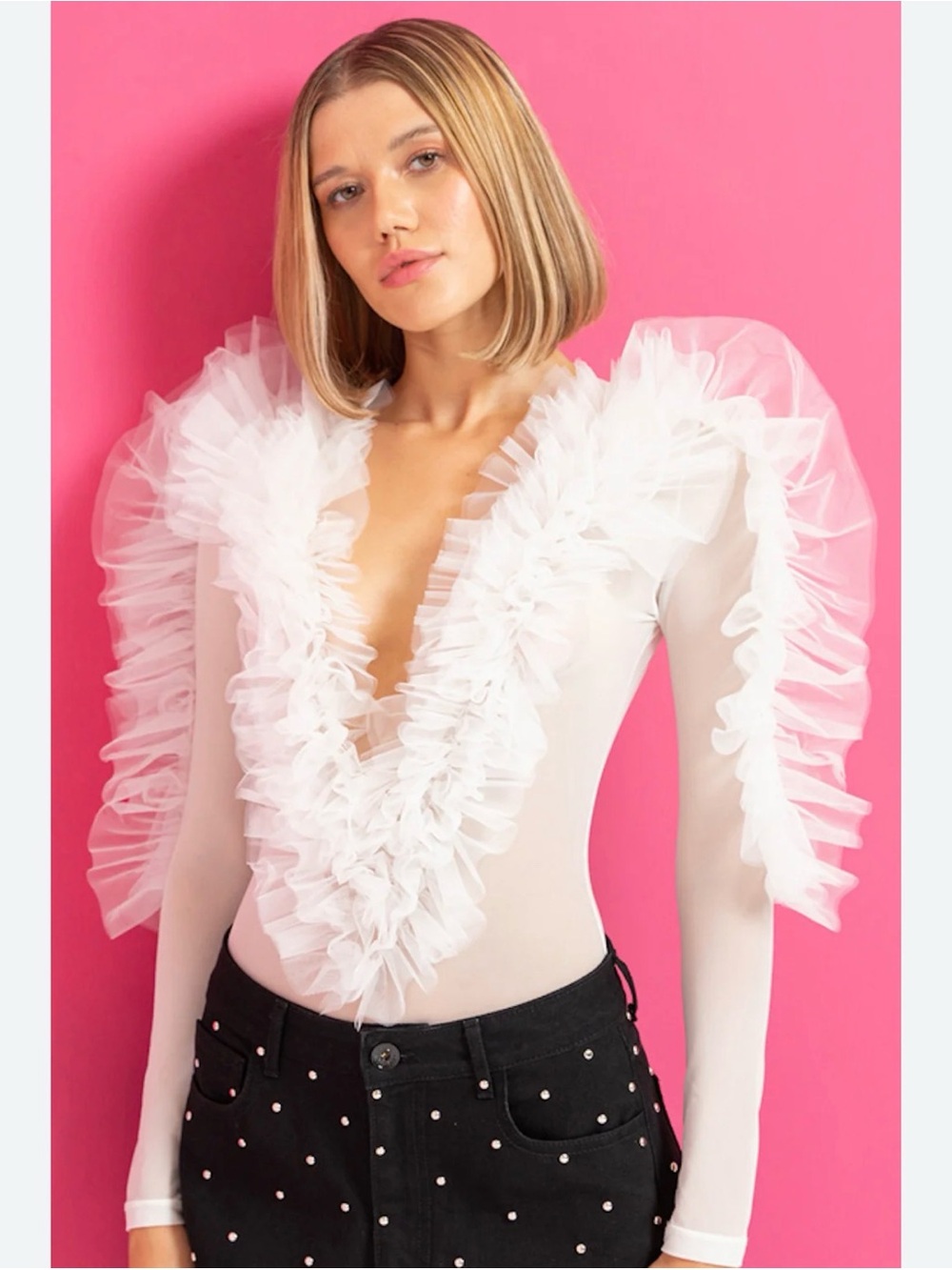 Kikiriki White Sheer Mesh Ruffle Bodysuit Long Sleeve Deep V Romantic Fairycore